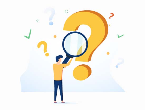 Illustration - Concept de questions, homme avec une loupe, point d'interrogation